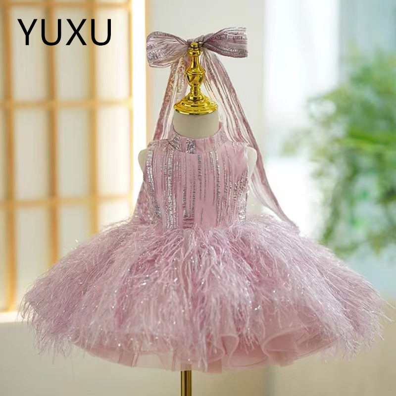 feather Flower Girl Dresses Bridesmaid Party Pageant Dresses Lace Flower Girls Gowns First holy Communion Dress pageant Champagne ball gown dresses ki