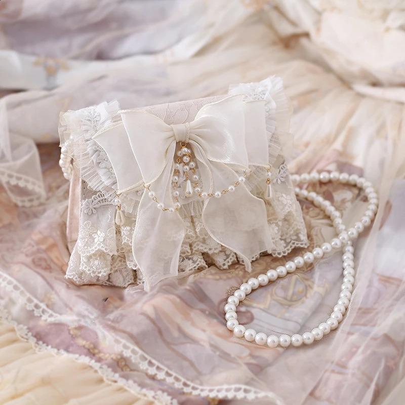 Women Tender Lolita Kawaii Bow Crossbody Bag Japanese Ins Girls Sweet Casual Chain Handbags Elegant Fairy Lace Shoulder Bags Y2k 240815