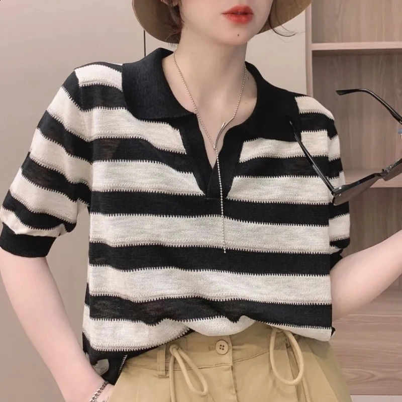 Korean Style Commuting Leisure Slimming Leisure Knitted Short Sleeve Polo Neck Contrast Striped Womens T-shirt Top 240827