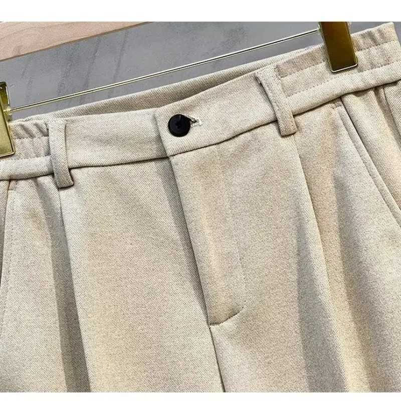 Mens elastic button zipper pleated pocket spliced straight slim fit business casual spring and autumn winter solid color wool pantsW240725
