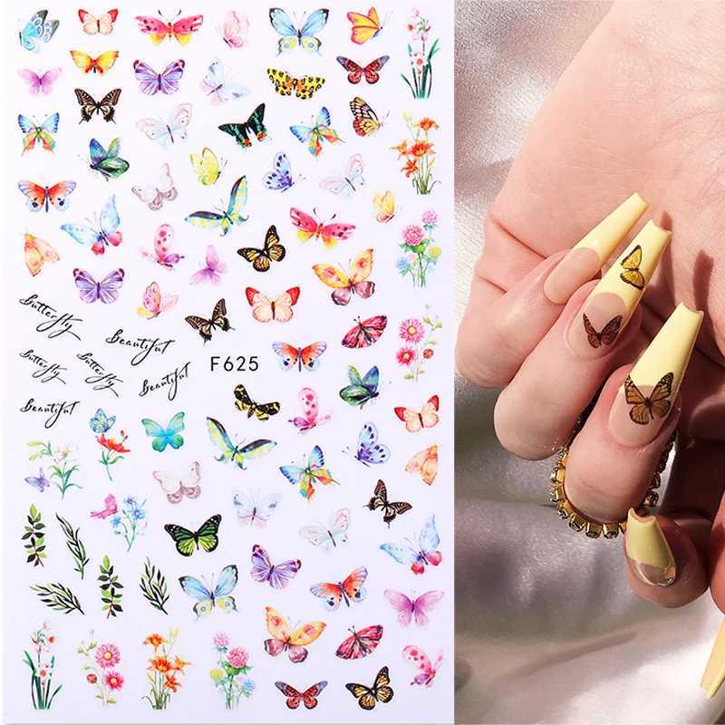Color Butterfly Flower Nail Art Sticker Nail Parts Rose Sunflower 3D Adhesive Sticker Nail Decoration Decals ManicureXJ240814