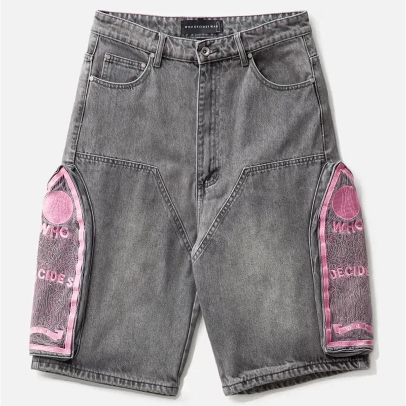 Retro slanted side pockets men denim shorts insY2k fashionable loose streetwear and women hiphop basketball pants y240814