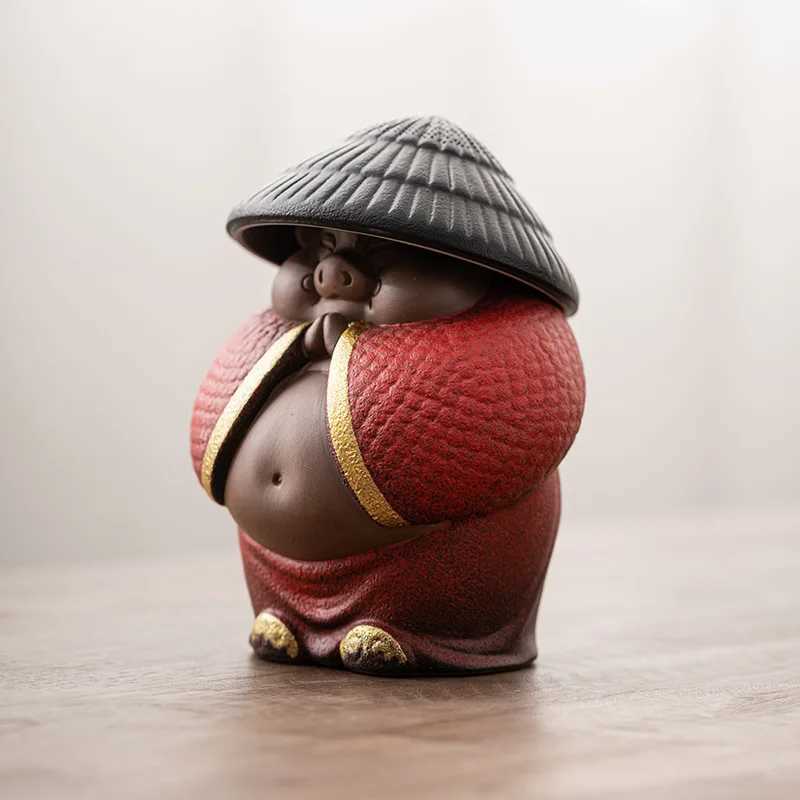 Creativity Purple Clay Tea Pet with Tea Strainer Pig Monk Buddha Figurine Ornaments Handmade Crafts Tea Set Decoration AccessoriXJ240814