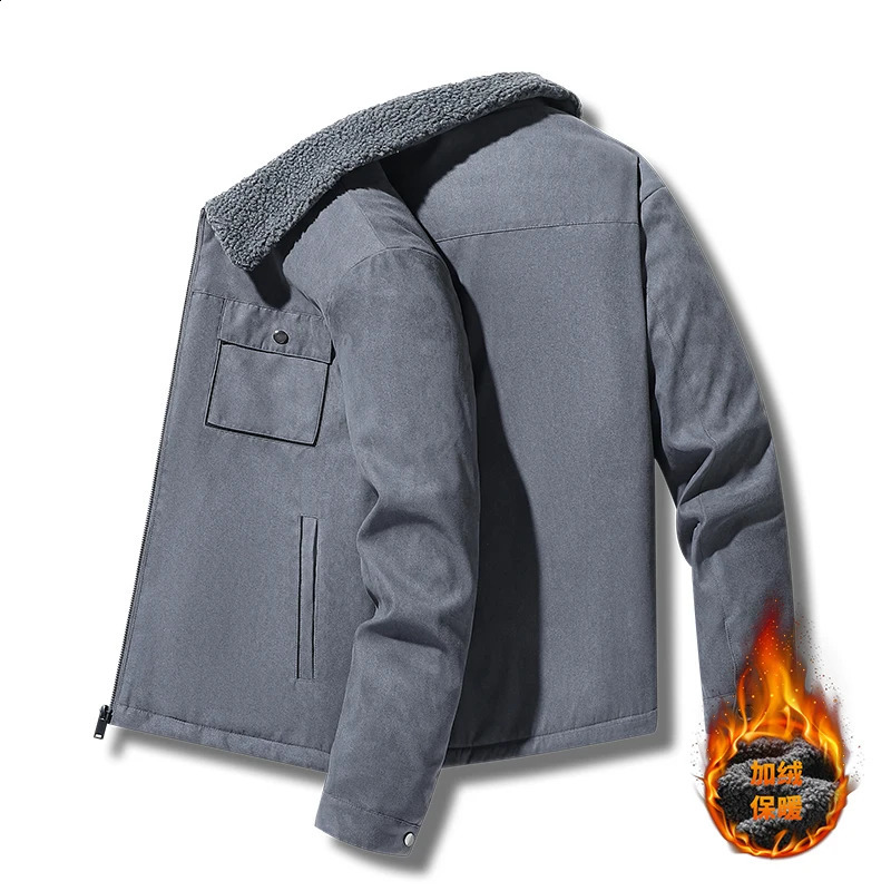 Autumn Winter Men Jackets Suede Warm Fleece Thick Casual Turn Down Collar Windbreaker Zipper Cargo Jacket Coats Male Solid Parka 240814