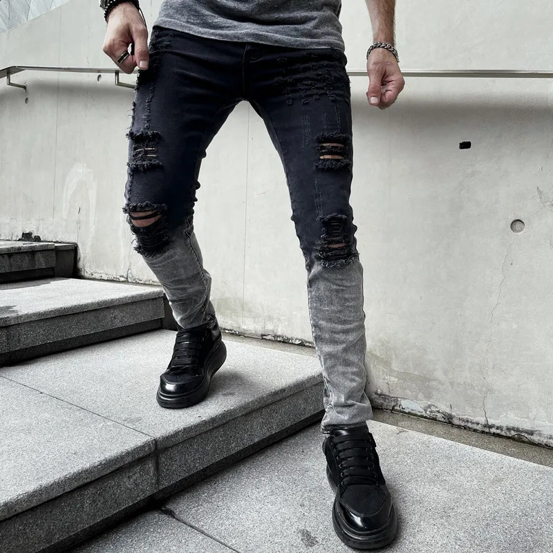Men Stylish Ripped Gradient Skinny Pencil Jeans Pants Male Holes Stretch Casual Denim Trousers 240814
