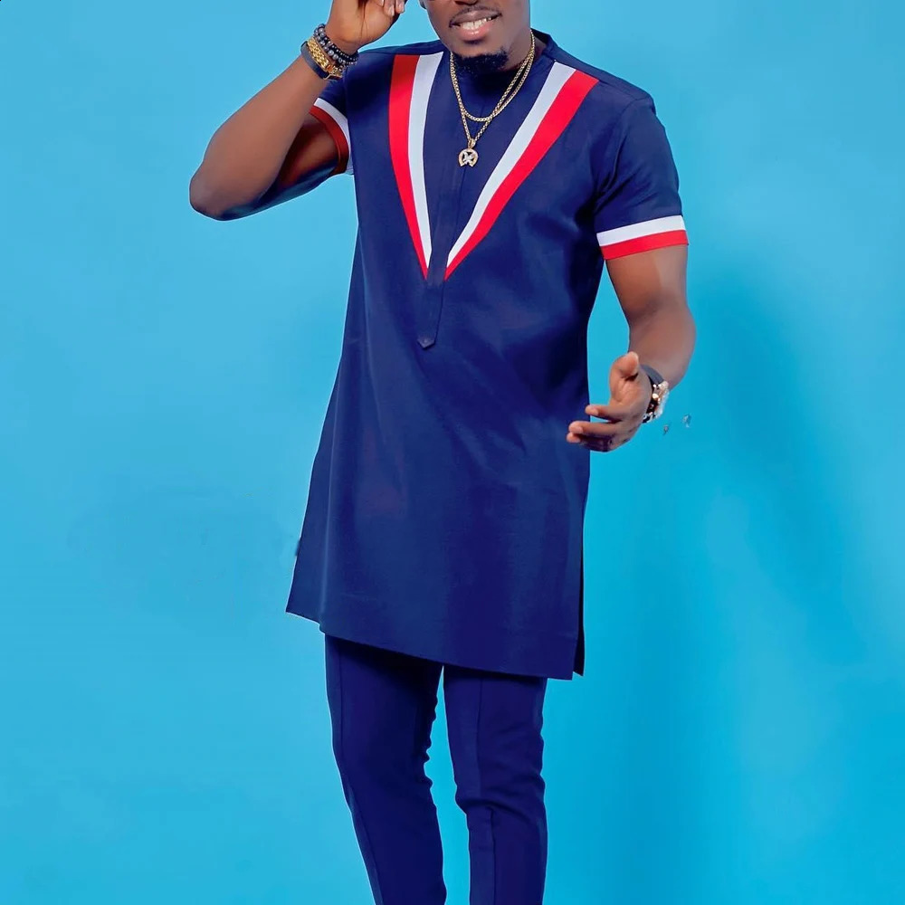 Summer African Men Clothing Suit Dashiki Male Outfits 2PCS Set Solid Color Stitching Short Sleeve Top and Pants Party Business 240814