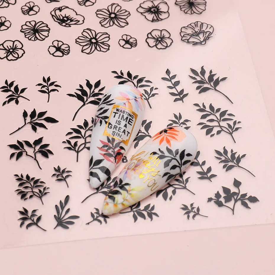 12PCS / Set Black Nail Stickers Flower Leaf Necklace 3D Sliders Decal Gel Polish Sticker DIY Design Manicure TipsXJ240814