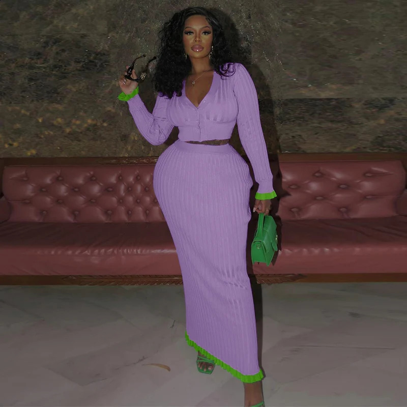 Knit Two Piece Set For Women Long Sleeve Cardigan Sweater And Maxi Skirt Sets Elegant Ruffle Birthday Party Night Club Outfit 240815