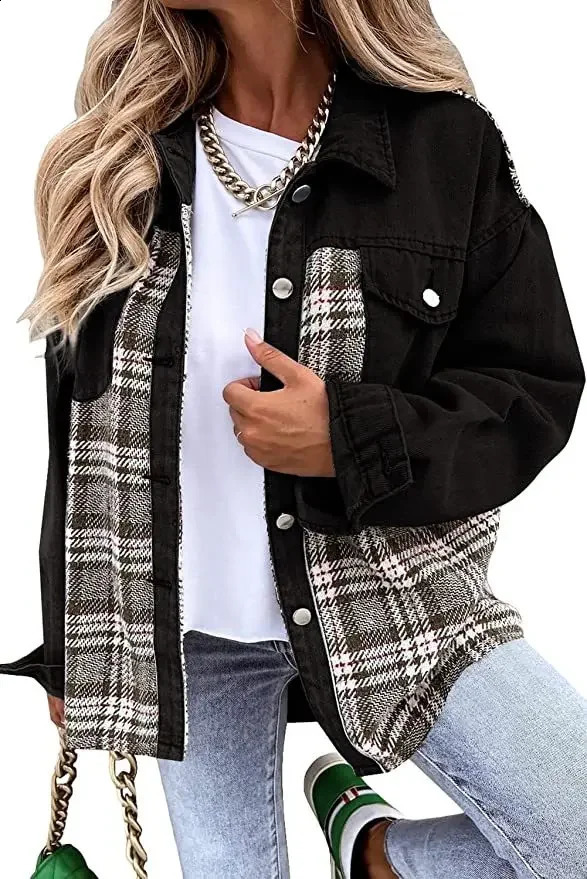 Women Turn-down Collar Button Coat Spring Autumn Irregular Tops Outwear Mujer Vintage Fashion Plaid Print Patchwork Denim Jacket 240814