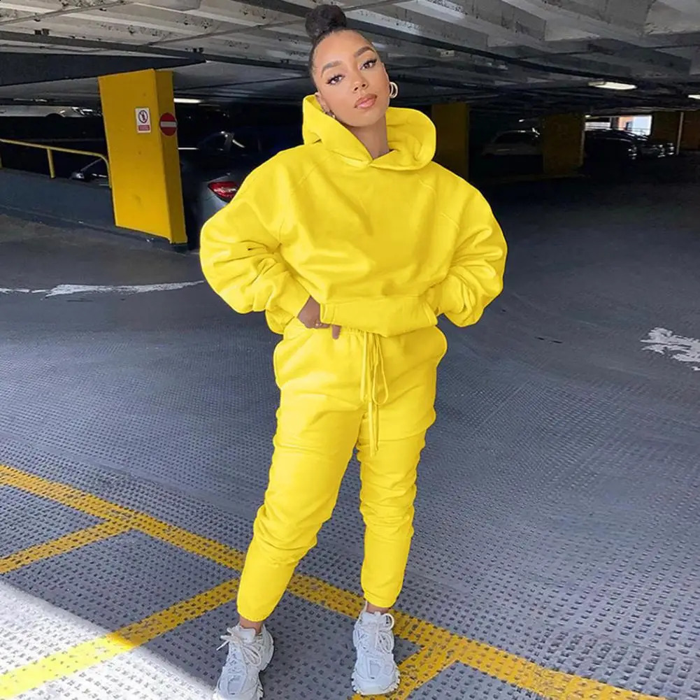 Autumn Winter 2Pcs Set Women Tracksuit Fleece Long Sleeve Pullover Warm Top HoodieJogger Pants Solid Outfit Sport Suit Sets 240809