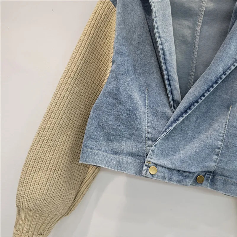 GetSpring Women Denim Jacket 2024 Autumn Suit Collar Knitted Sleeve Stitched Short Denim Coat Fashion All Match Blue Jean Tops 240814