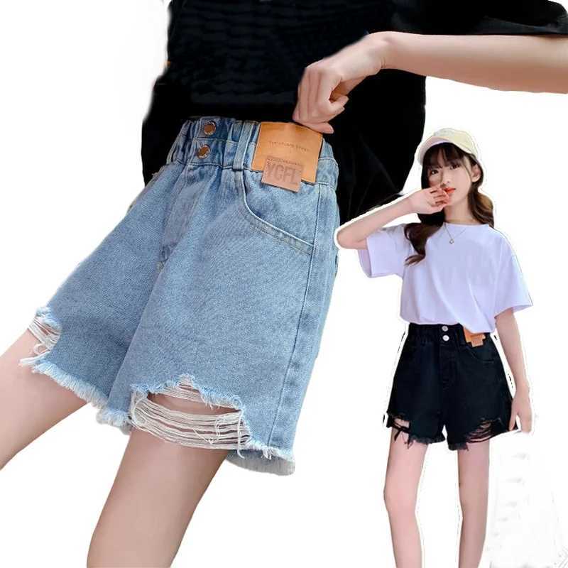 Childrens girls summer shorts retro tear hole casual style elastic waist jeans childrens clothing 6 8 10 12 14 years old W240813