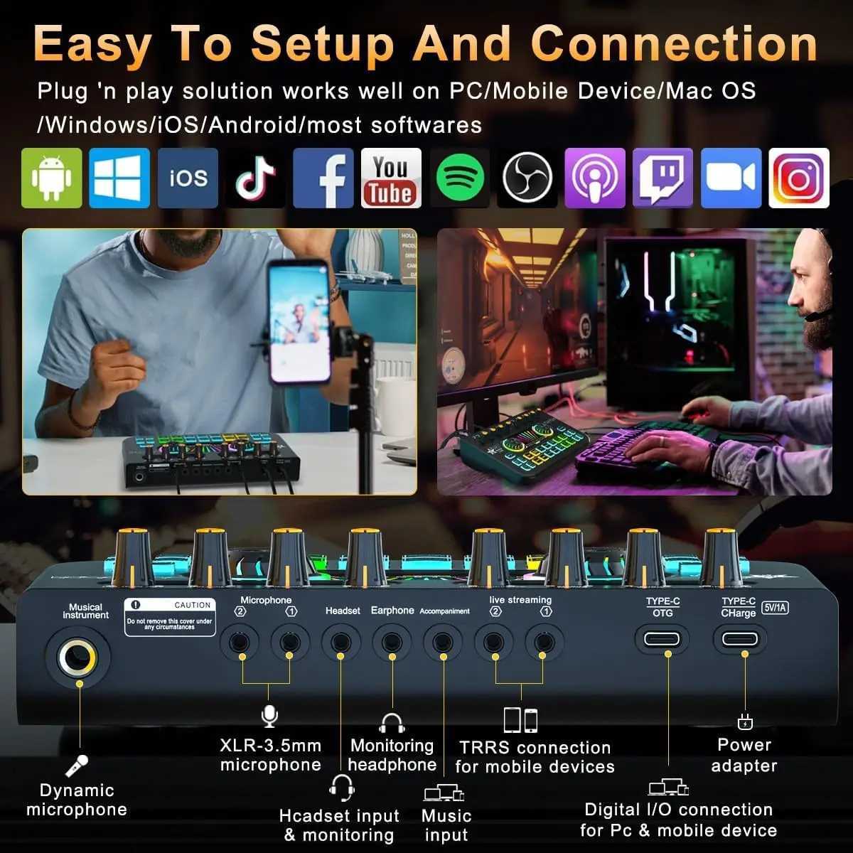 Game audio mixer streaming media mixer with audio interface BT soundboard voice converter sound card suitable for PC mobile live streaming B240815