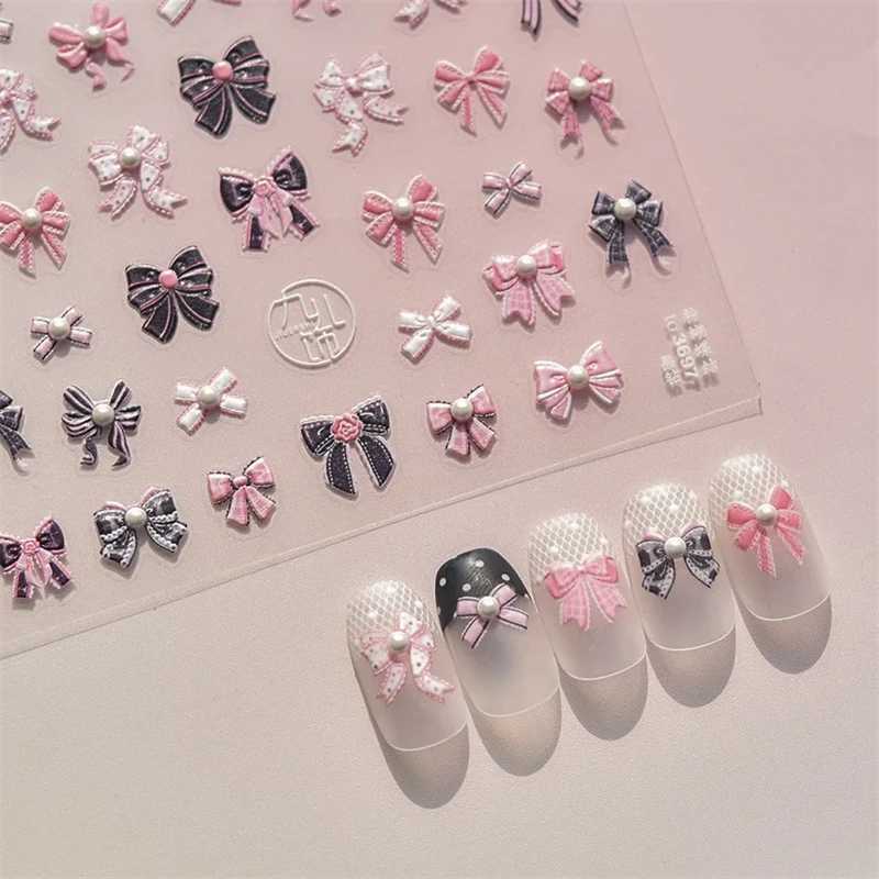Sweet Pink Black Bowknot Nail Stickers High Quality Pearl Bead Design Adhesive Stickers Nail Art DecorationXJ240814