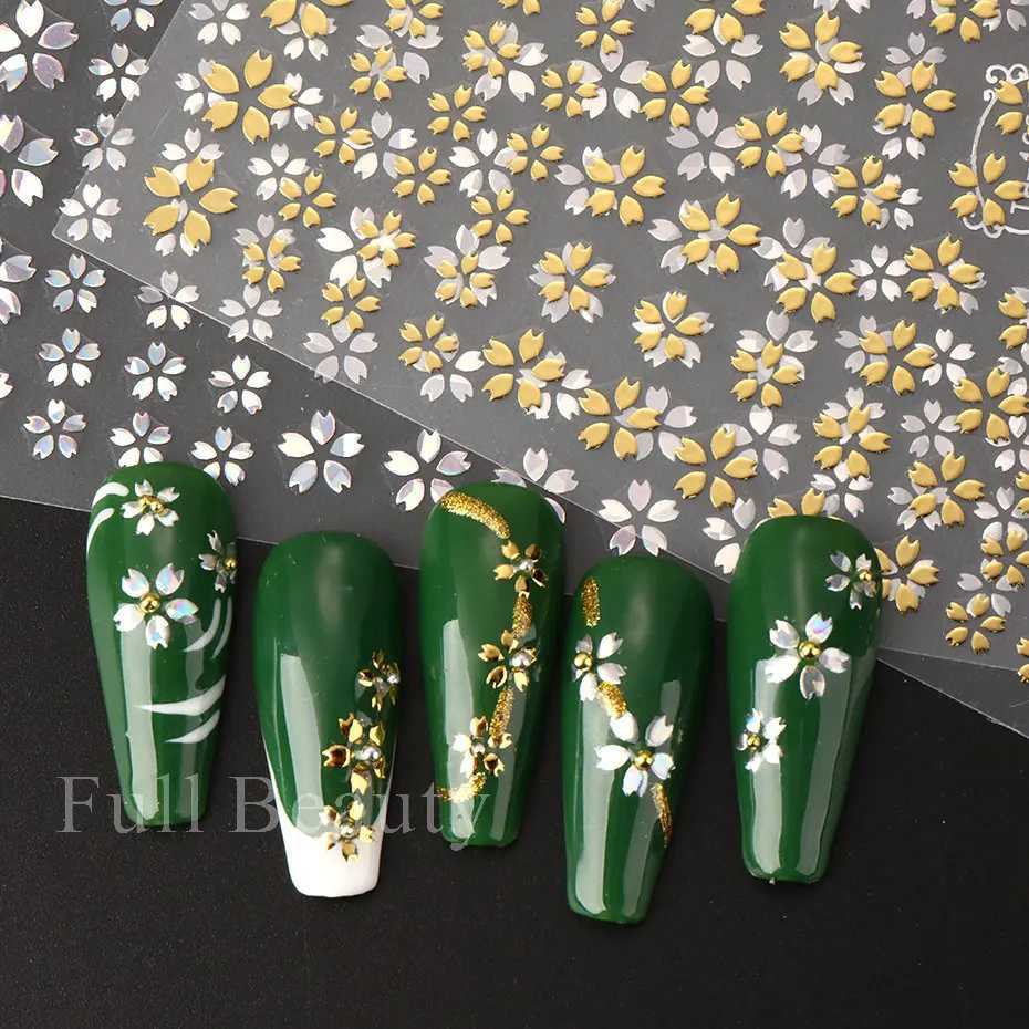 Laser Sakura Flower 3D Nail Sticker Holographic Foils Decals Snake Star Heart Adhesive Sliders Cherry Blossom ManicureXJ240814