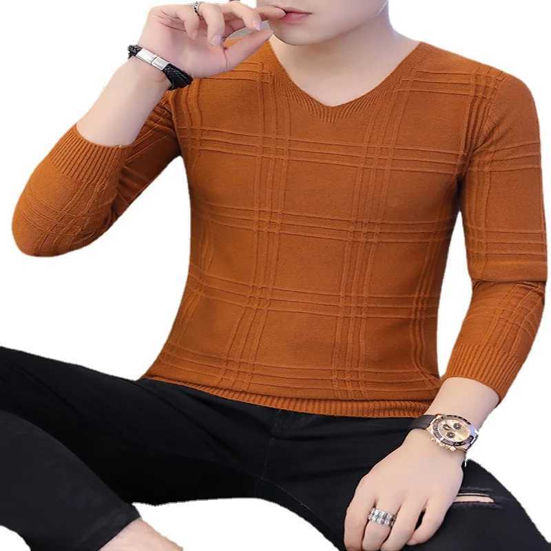 Mens New Fashion V-neck Solid Color Slim-fit Pullover Sweater Casual Long-sleeved Knitted ShirtXJ240814