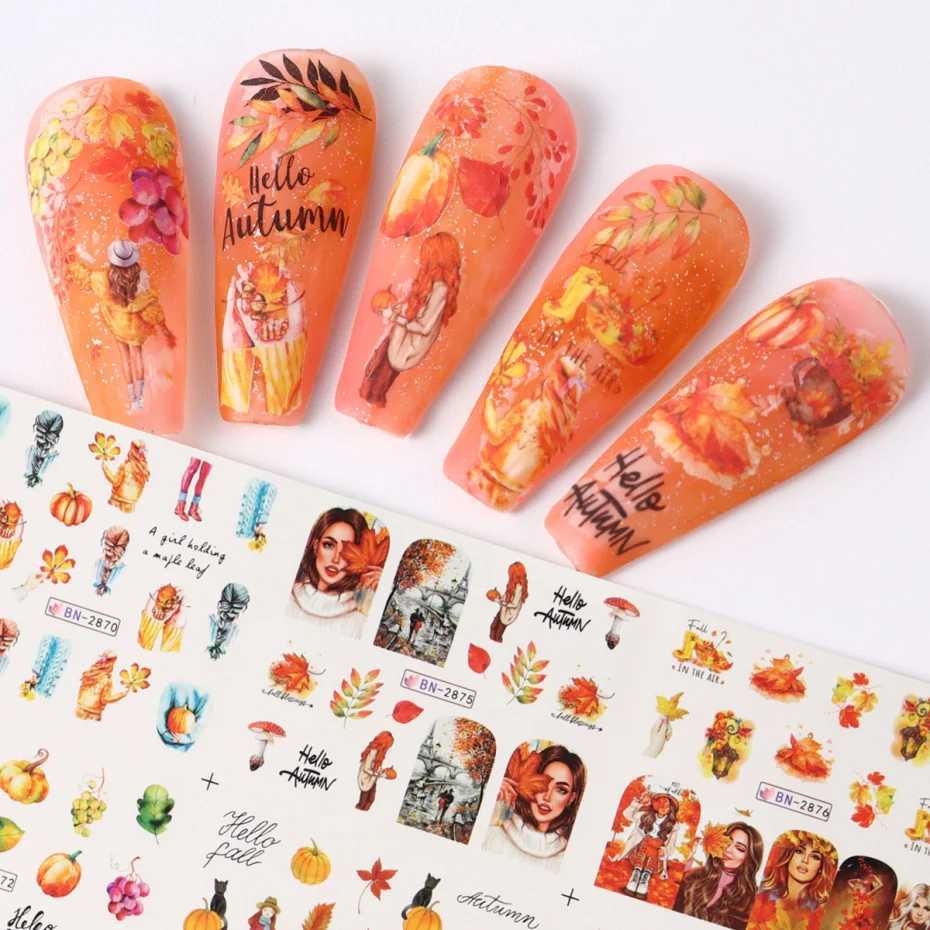 12pc Fall Leaves Nail Water Stickers Set Cute Pumpkin Mushroom Nail Foils Decals Watermark Transfer Slider Autumn Manicure DecorXJ240814