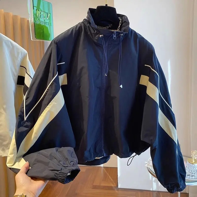 design feeling loose and casual drawstring stand up collar jacket for womens spring autumn thin short baseball fashion 240814