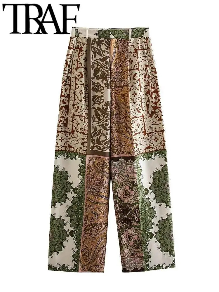 TRAF GAL 2024 Summer Women Vintage Print Satin Blouse Suit Loose Shirt Oversize Top Long Sleeve Casual Female Wide Pant Set 240815