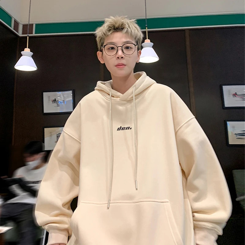 Korean Fashion Dark Grey Fleece Hoodies Men Letter Print Simple Baggy Hoody Sweatshirt Harajuku Streetwear Y2K Hoodie 240815