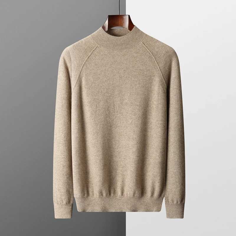 Autumn Winter New Mens 100% Cashmere Sweater Half High Collar Knitted Pullover Tops Lightweight Warm Long Sleeve Solid ColorXJ240814
