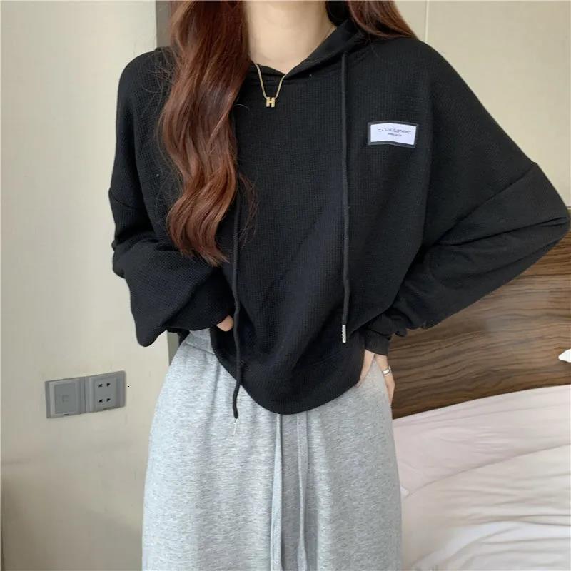 Waffle short hoodie for female students, Korean version, autumn/winter new design, loose and lazy style top jacket f99c5 bca32