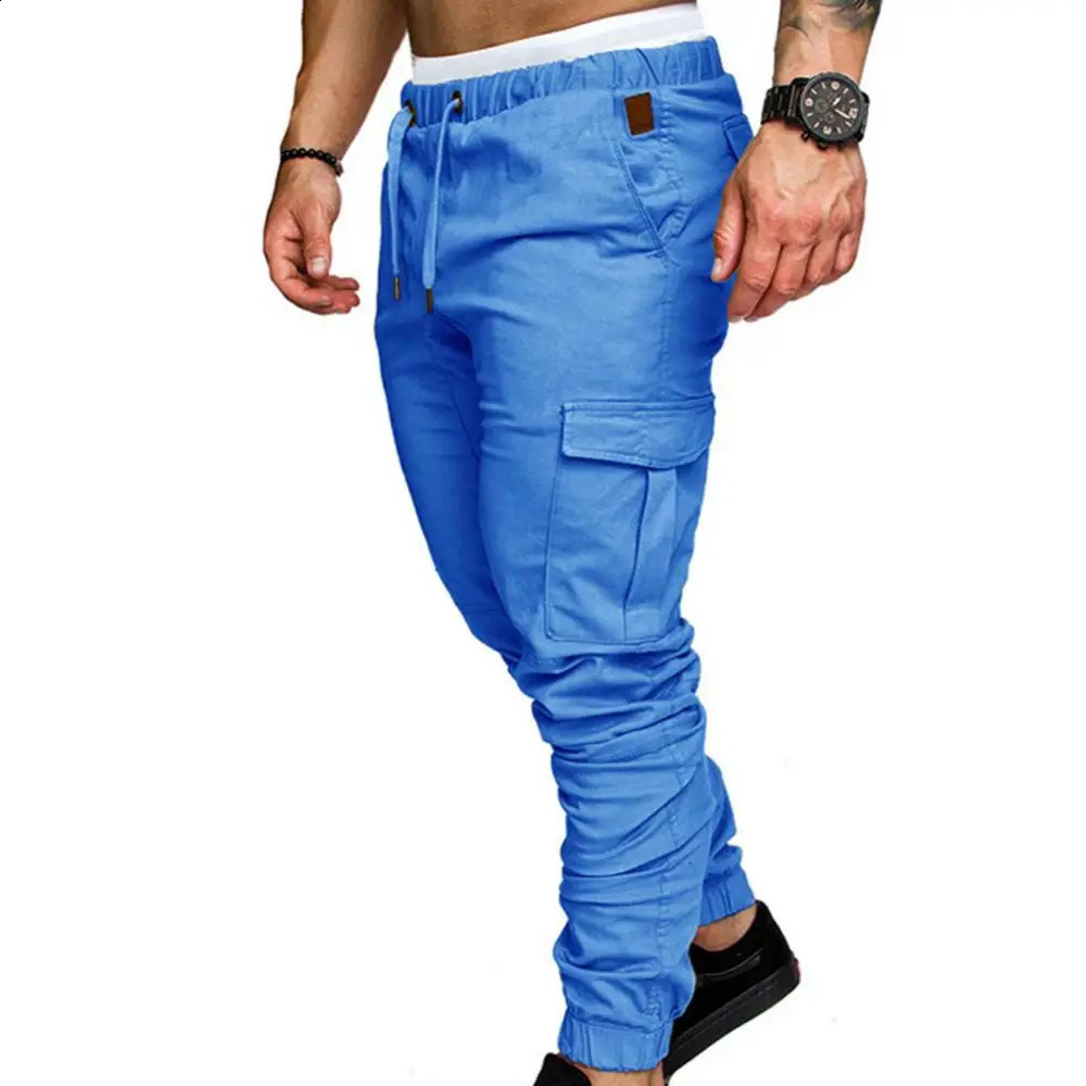 Men Harajuku Joggers Men Clothing Trousers Casual Solid Color Pockets Waist Drawstring Ankle Tied Skinny Cargo Pants 240810