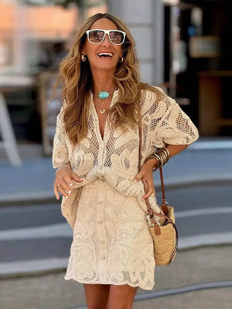 Women Fashion Crochet Hollow Out Set Chic Lapel Short Sleeve Single Breasted Top Suit Lady High Waist Straight Leg Pants Outfit 240815