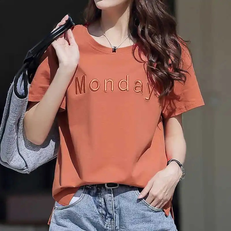 Cotton letter embroidered split Tshirt suitable for womens summer short sleeved loose plus size weight loss casual top 240814