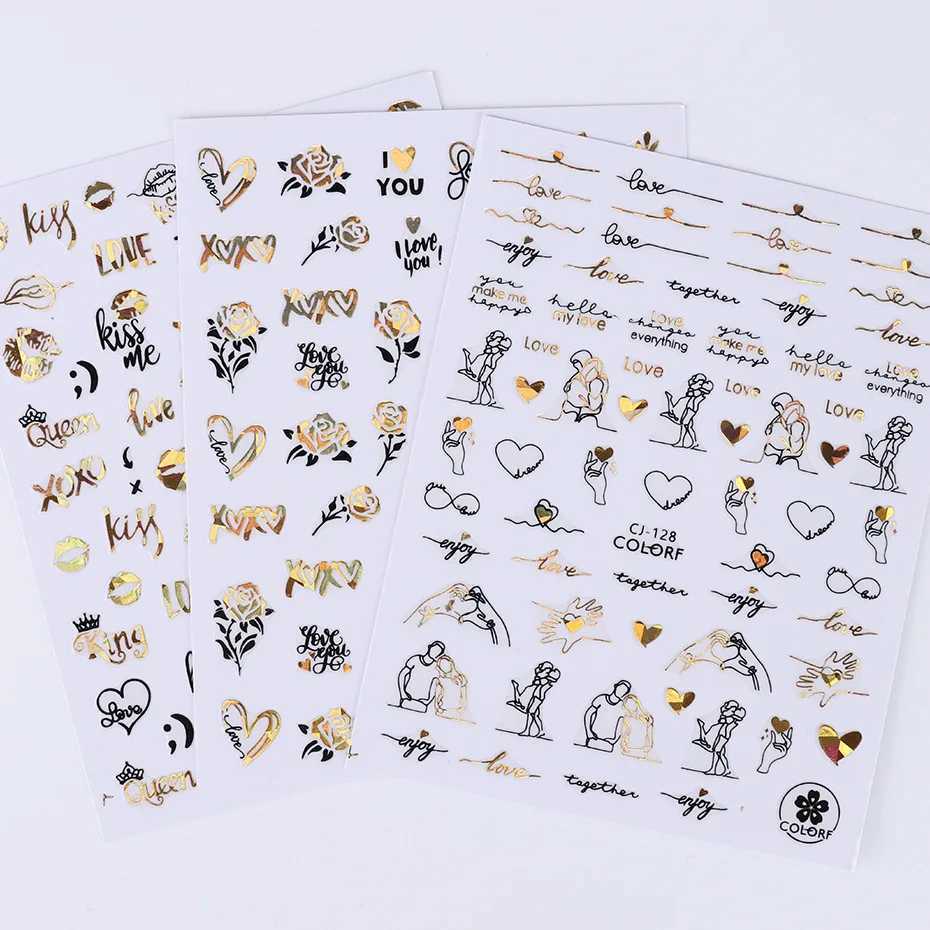 1PCS Black Gold Love Heart Letters 3D Nail Stickers Valentines Day Nail Art Decoration Cartoon Bear Cupid Stickers For NailsXJ240814