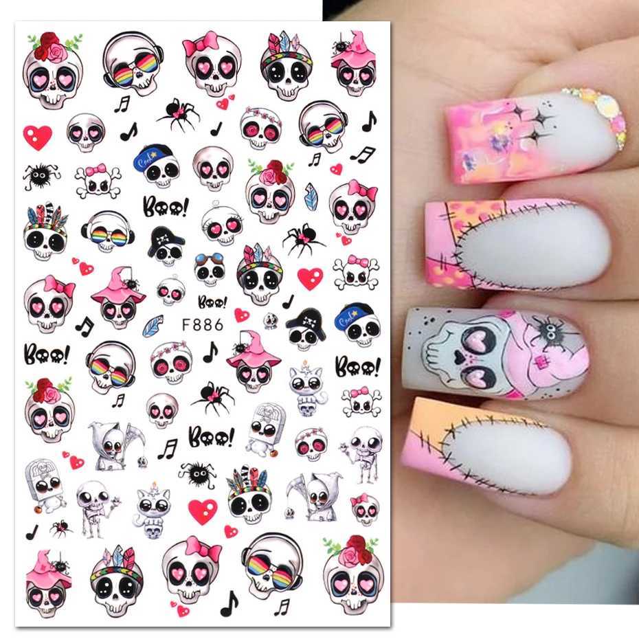 Cute Halloween Nail Design Sticker Pink Cartoon Skull Pumpkin Spooky 3D Punk Holiday Manicure Slider Nail Art Accessories BEF886XJ240814