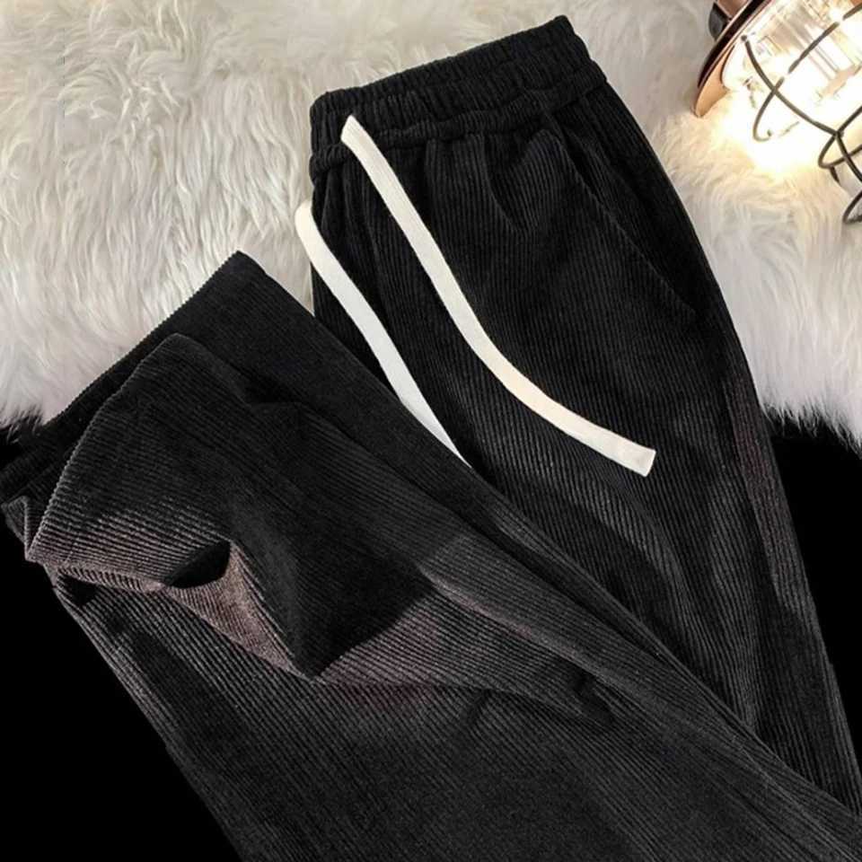 New autumn mens wide leg pants loose straight cylindrical Trouser elastic waist brushed full matching pantsW240725