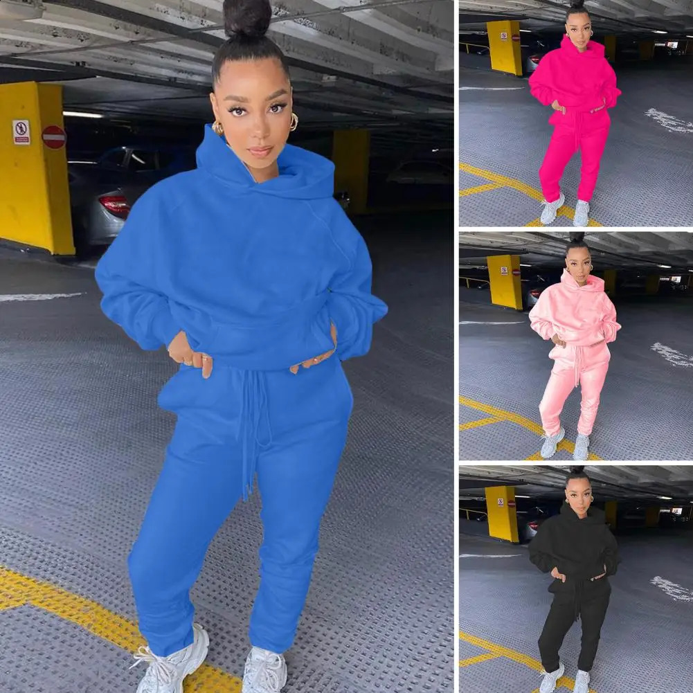 Autumn Winter 2Pcs Set Women Tracksuit Fleece Long Sleeve Pullover Warm Top HoodieJogger Pants Solid Outfit Sport Suit Sets 240809