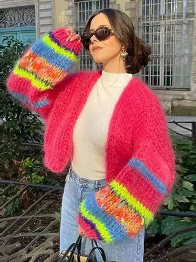 Fashion Striped Knitted Cardigan Women Elegant Long Sleeve Rainbow Color Loose Sweater Autumn Female High Streetwear 240824