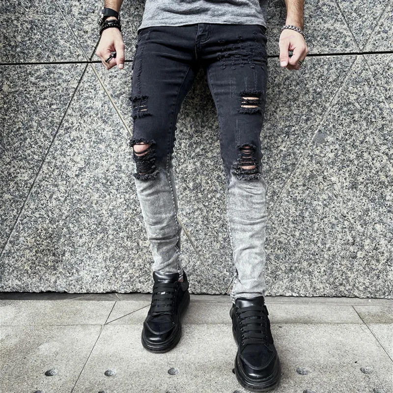 Men Stylish Ripped Gradient Skinny Pencil Jeans Pants Male Holes Stretch Casual Denim Trousers 240814