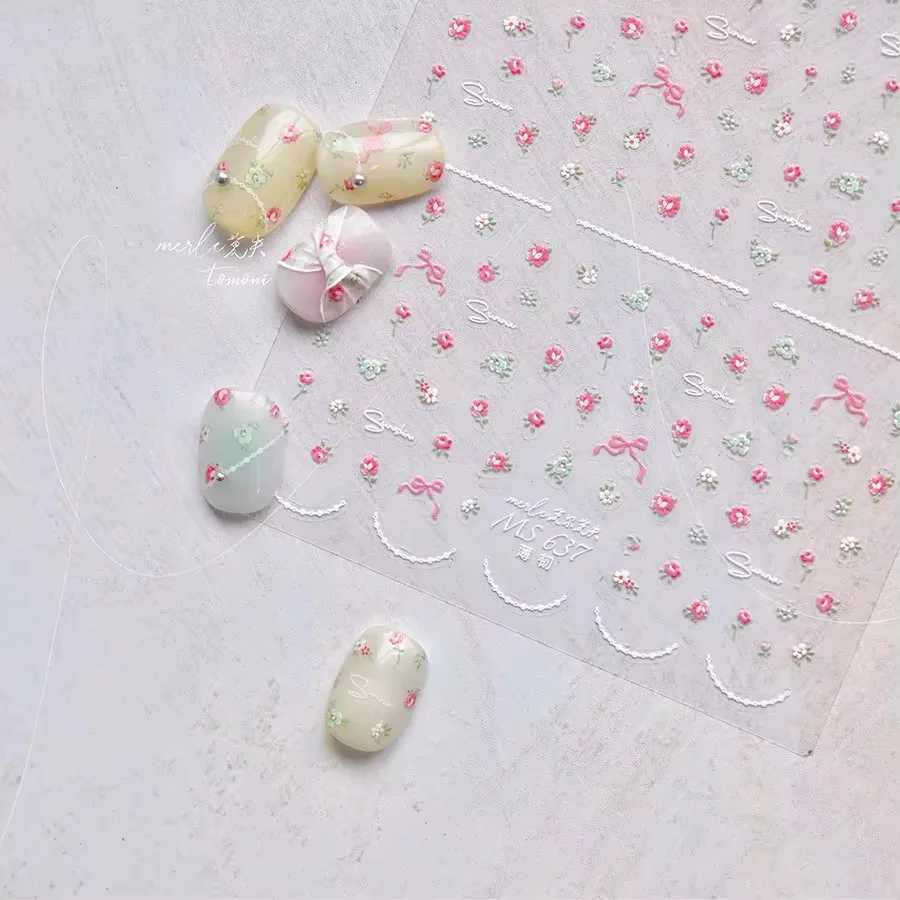 1Sheet Cute Wildflower Nail Art Stickers Cute Colored Flower Ribbon 5D Embossed Relief Nail Decoration Parts Decals AccessoriesXJ240814