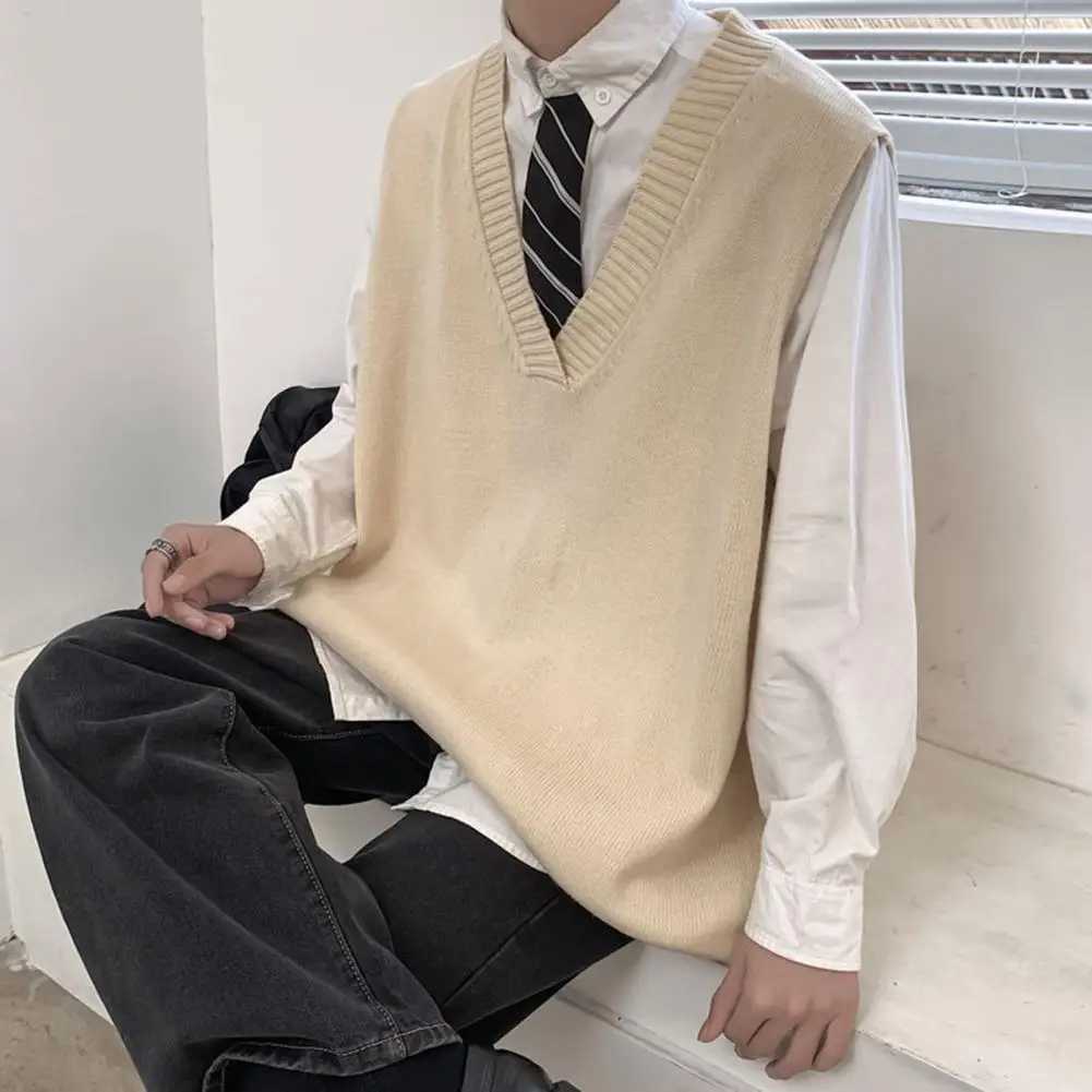 Knitting Trendy Oversized Winter Sweater Vest Preppy Style Men Autumn Sweater Sleeveless for Daily WearXJ241221