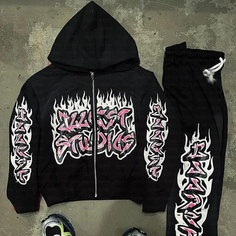Y2k Vintage Black Creative Pattern Hoodie Fashion Loose Oversized Hooded Sweatshirt Gothic Streetwear Men Women zipper Clothes 240809