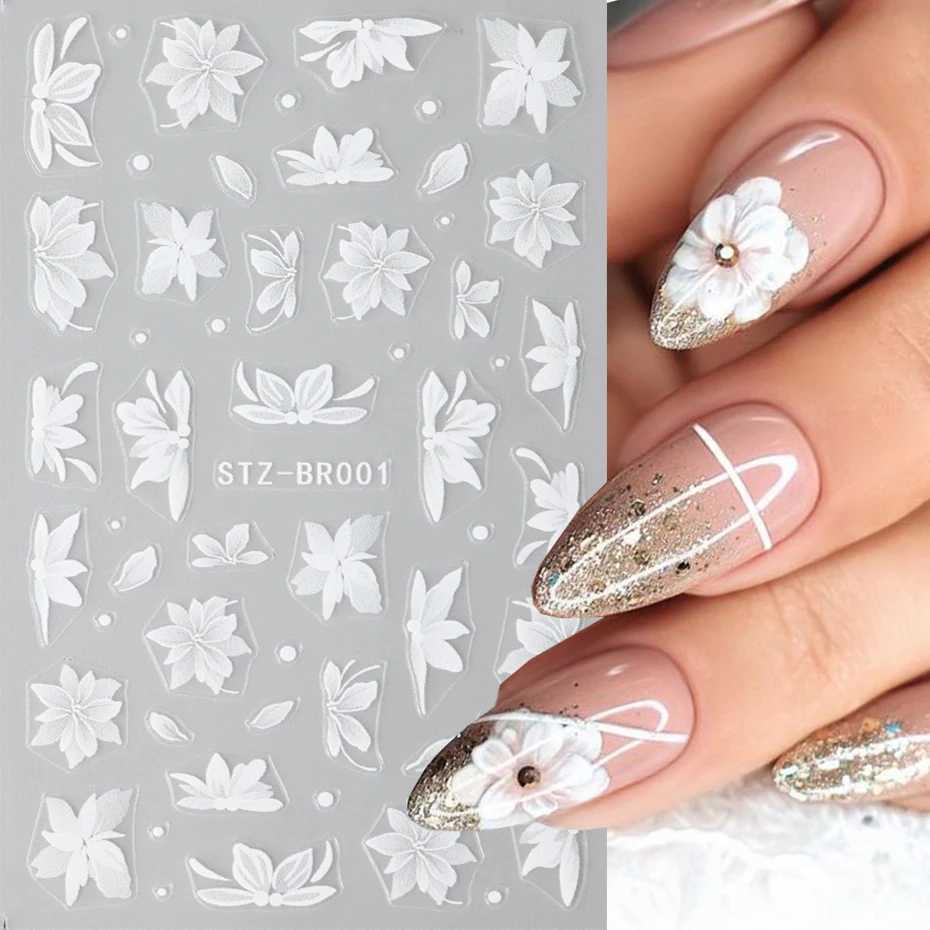 Acrylic Flowers Nails Art Stickers White Floral Petal Leaf Sliders For Nails Wedding Design Manicure DecorationXJ240814