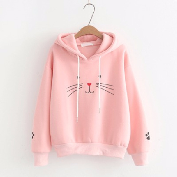 Embroidered face hooded sweatshirt women's autumn and winter student Korean version artistic cat long sleeved plush cute jacket 49463 12858