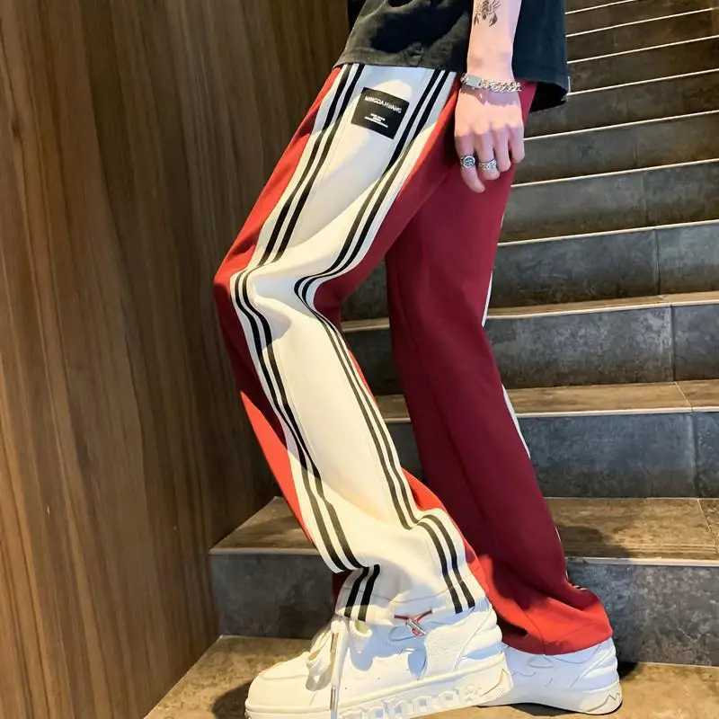 style contraSting color casual summer thin mens high straight cylindrical stripe splicing loose TrouserW240725