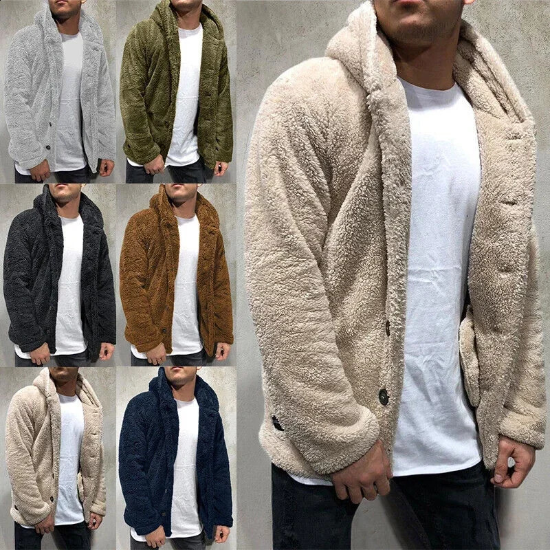 Mens Teddy Bear Fleece Coat Cardigan Winter Warm Hooded Coat Fashion Solid Color Long Sleeve Pocket Button Hooded Warm Coat 240814