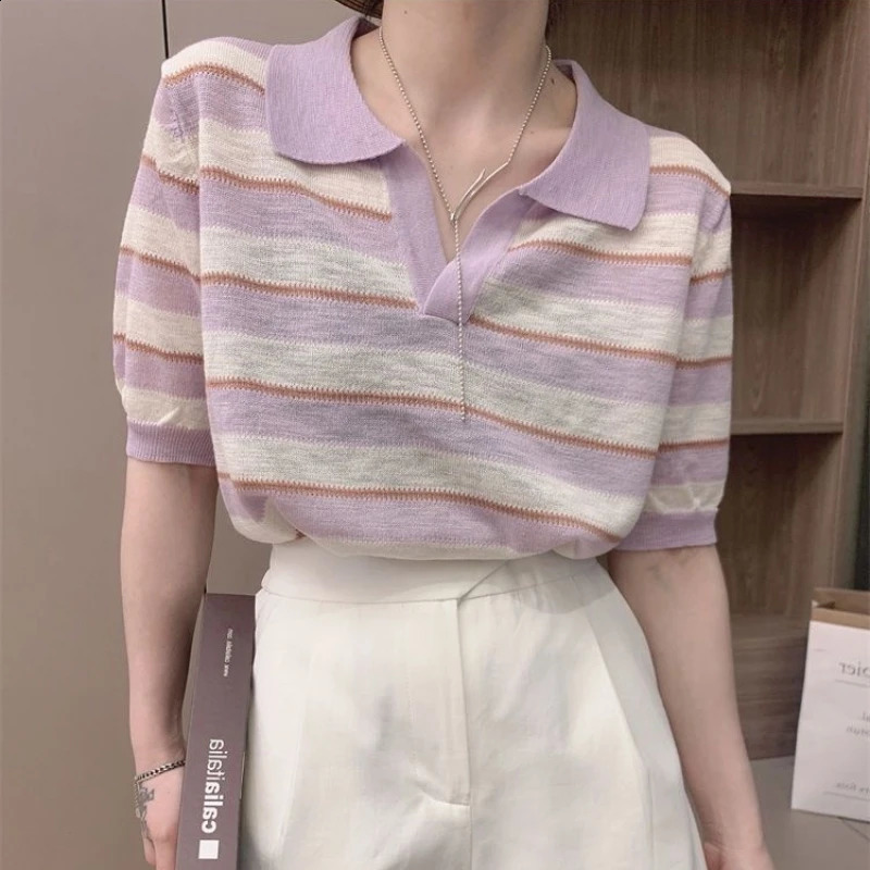 Korean Style Commuting Leisure Slimming Leisure Knitted Short Sleeve Polo Neck Contrast Striped Womens T-shirt Top 240827
