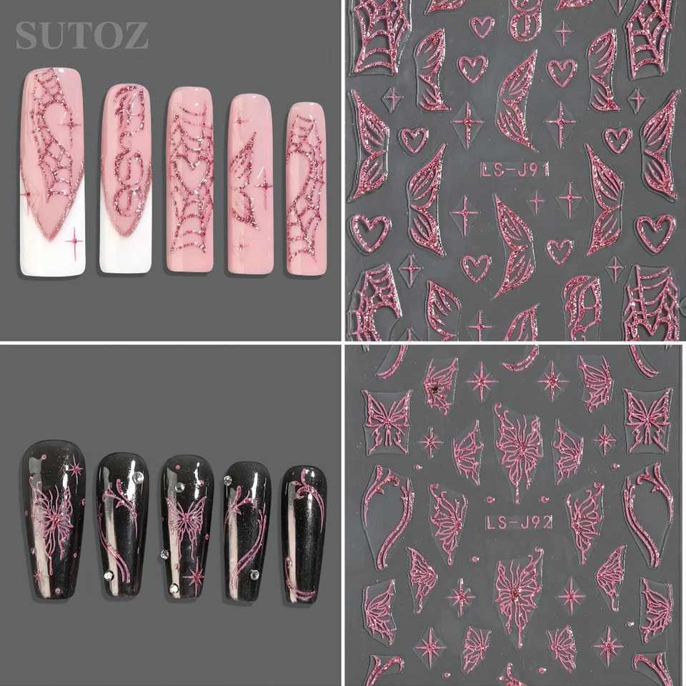 Pink Glitter Nail Art Stickers Shimmer Heart Cobweb Y2K Nail Stickers 3D Butterfly Self Adhesive Decals DIY Nail Supplies LS-J91XJ240814