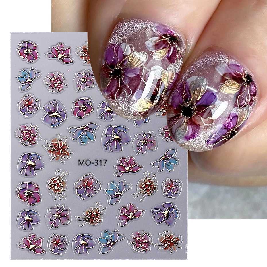 Holographic Purple Flowers Nail Sticker Metallic Blooming Floral Gradient Design Adhesive Decal DIY Charm Elegant Manicure FoilsXJ240814