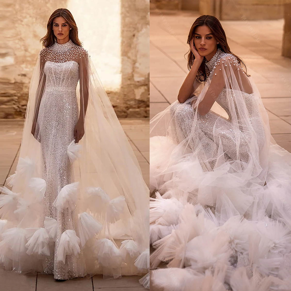 Attractive Long Wedding Wrap Pearls 3D Appliques Tulle High Neck Bride Shawl For Strapless Bridal Dress High Quality Custom Made
