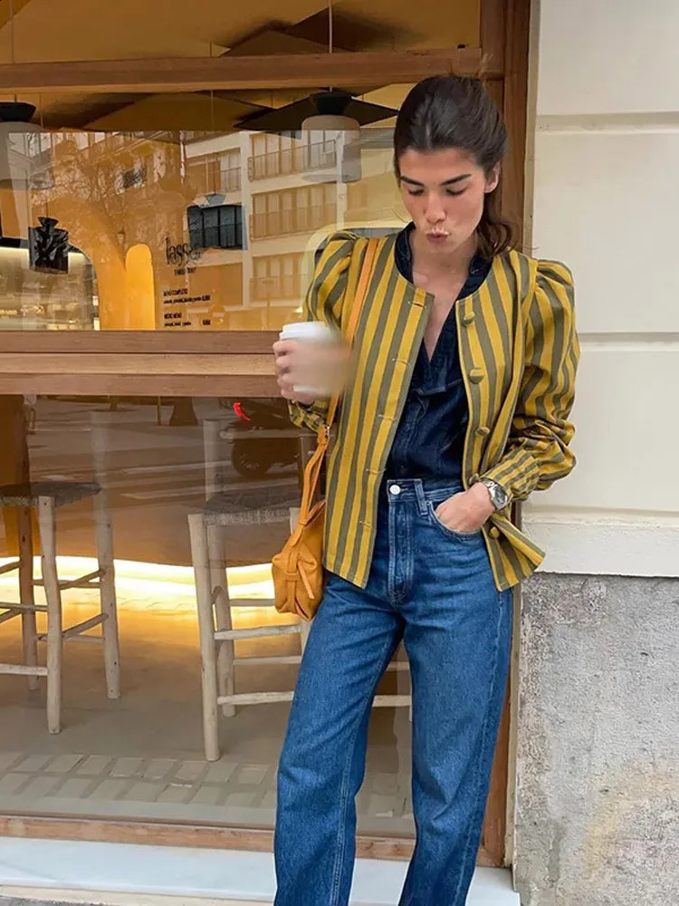 Elegant Striped Puff Sleeve Coat For Women Single Breasted O-neck Female Shirt Jacket Spring Fashion Office Lady Streetwear 240815
