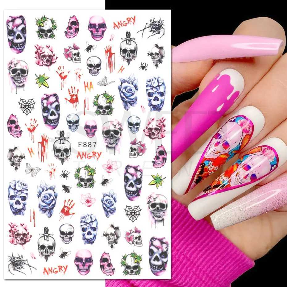 Cute Halloween Nail Design Sticker Pink Cartoon Skull Pumpkin Spooky 3D Punk Holiday Manicure Slider Nail Art Accessories BEF886XJ240814