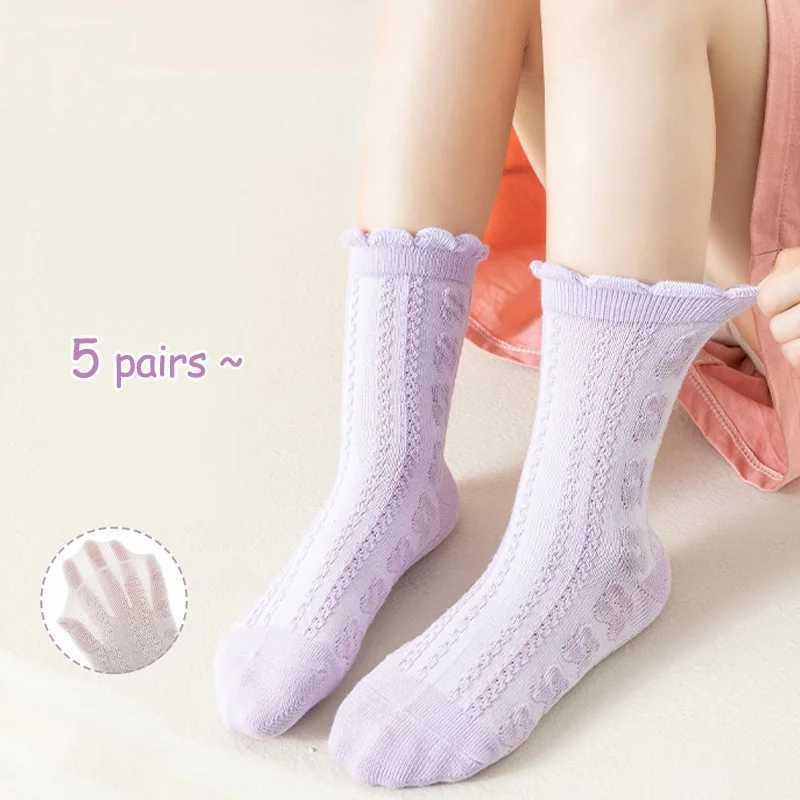 5 pairs of girls socks cotton mid tube socks solid color lace socks summer thin breathable socks childrens socks solid color sy W240814