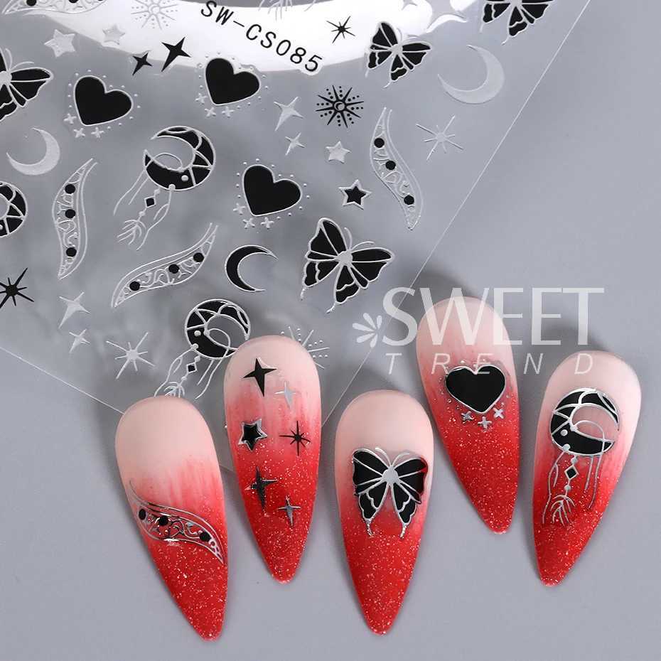 Black Silver Chrome Butterfly Nail Stickers Metal Mirror Star Gilded Design Decals DIY Summer Red Moon Decoration Manicure WrapsXJ240814